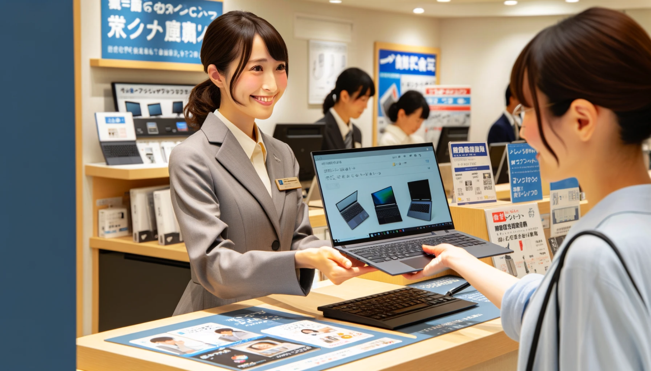 DALL·E 2023-12-16 15.56.02 - A scene in a Japanese laptop rental store where a female staff member is handing over a laptop to a customer at the reception desk. The staff member i