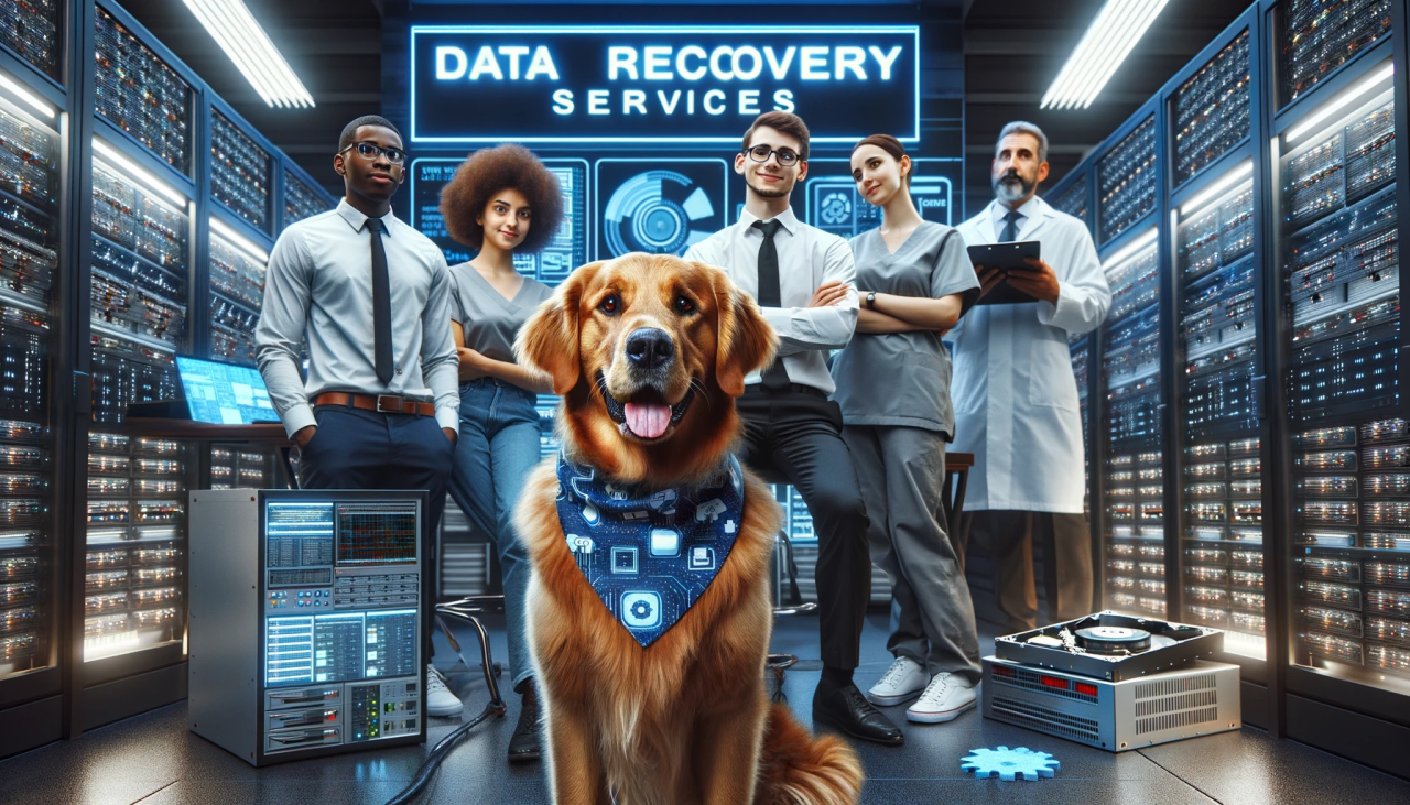 DALL·E 2023-12-26 16.13.41 - A captivating and reassuring thumbnail image for a data recovery service, in a wide format (1550x600). The image includes a diverse group of technicia